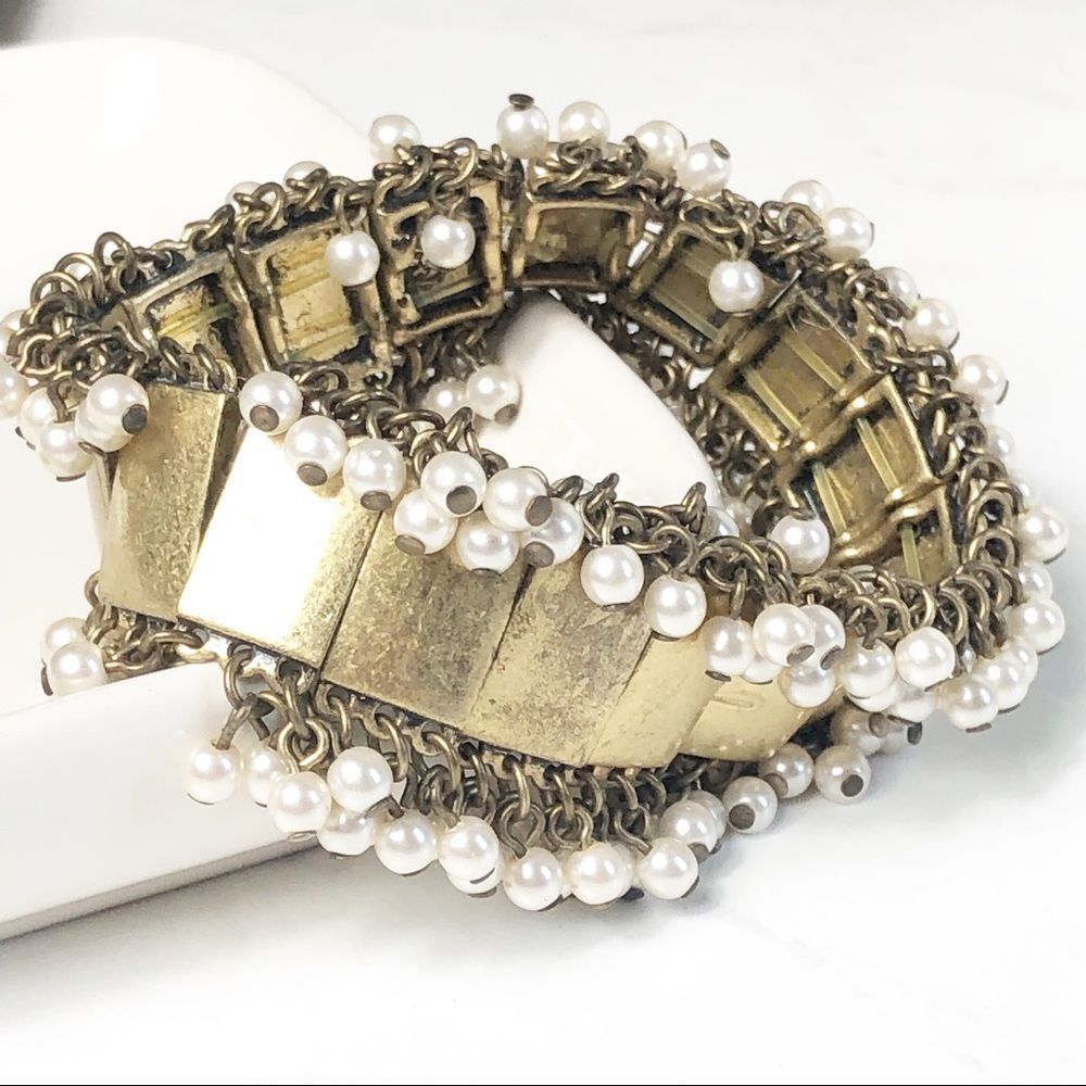 J. Crew Antiqued Gold and Pearl Fringe Bracelet